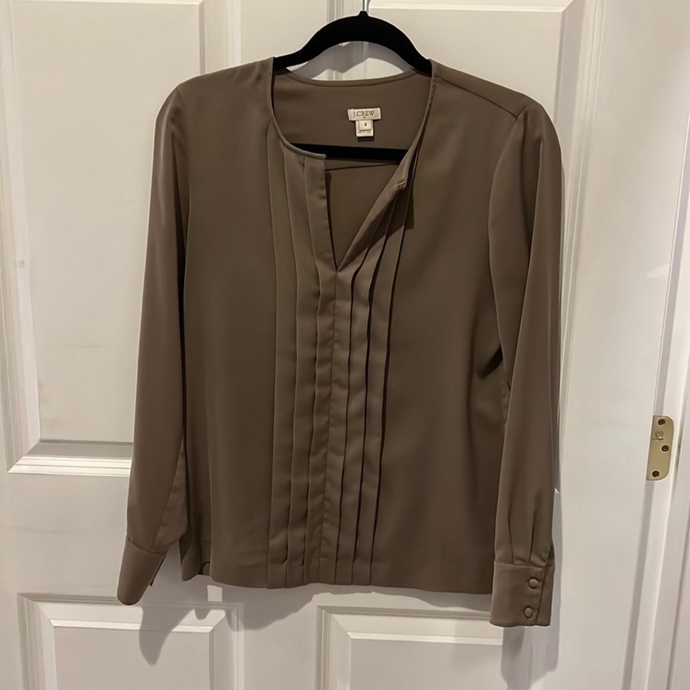 J Crew taupe long-sleeve top with pleat and button detail